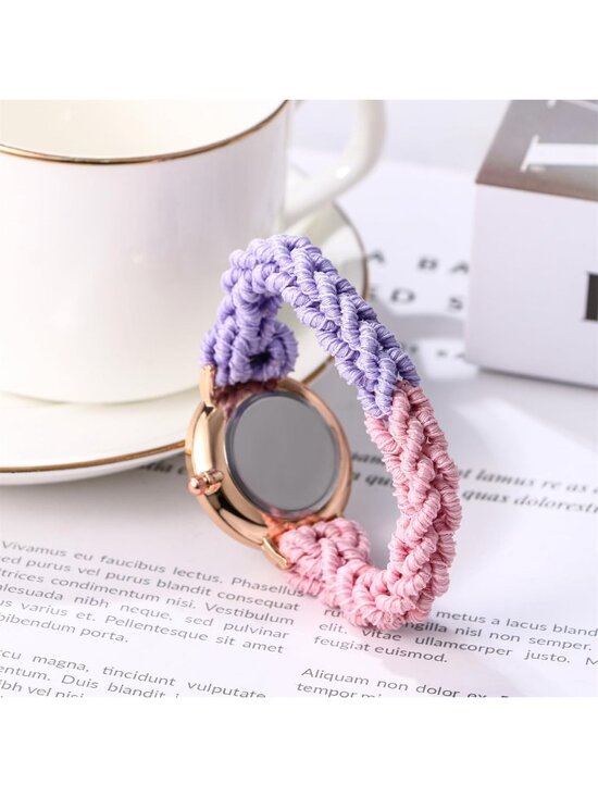 Women\'s Purple Pink Analog Stretch Band Elastic Colorful Weave Rope Wrist Watch main image 4